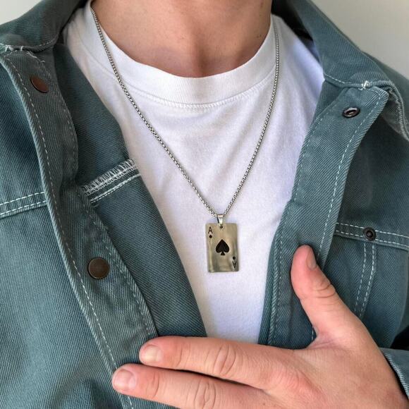 Y2K Silver Tone Ace of Spades Necklace 22" Chain Unisex Statement Punk New - Picture 2 of 8